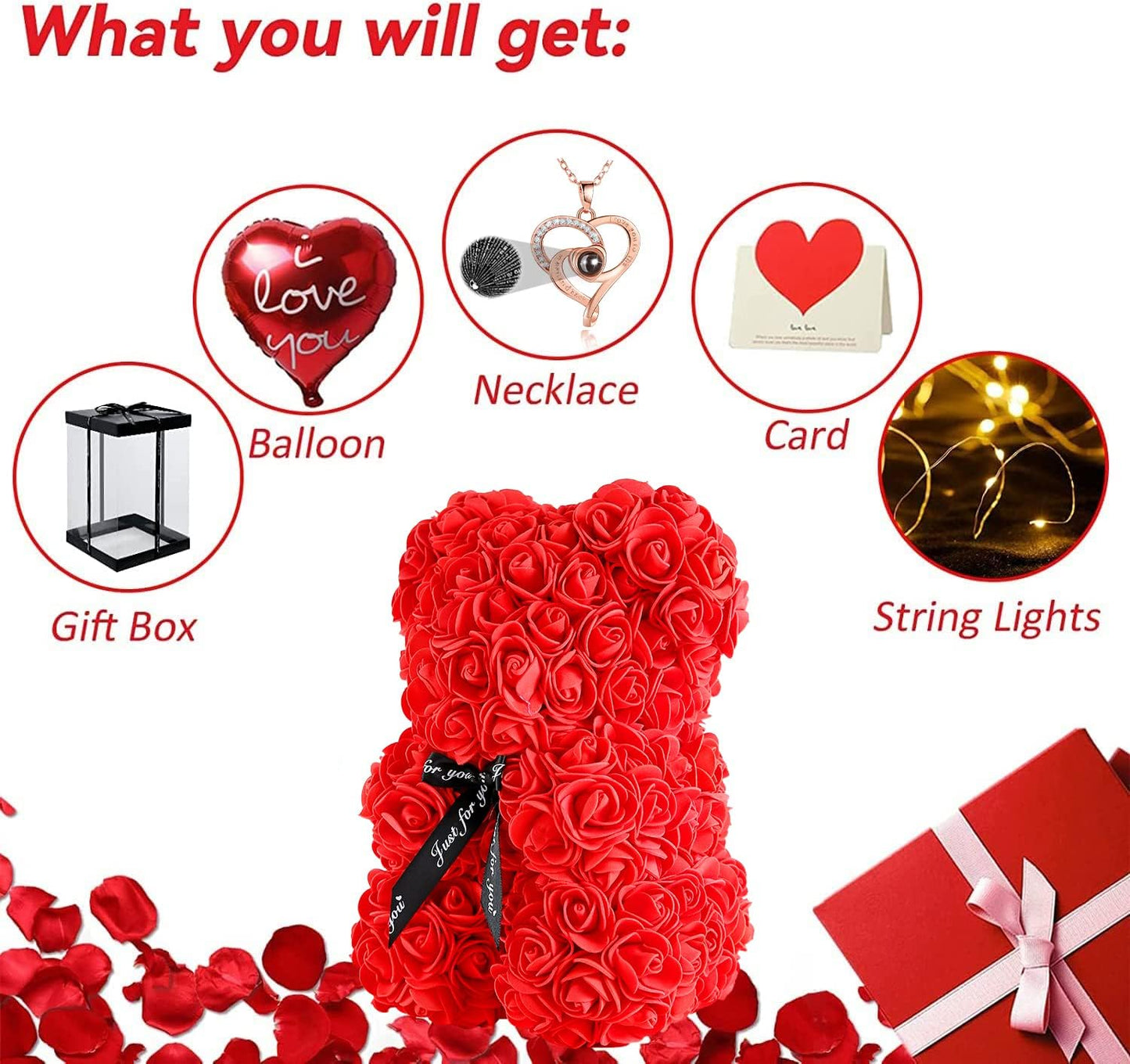 Red Rose Bear Gifts for Valentines Day, Flower Bear Rose Teddy Bear with Box Lights Necklace Balloon Card, Cute Romantic I Love You Mothers Day Anniversary Birthday Gifts & Decorations